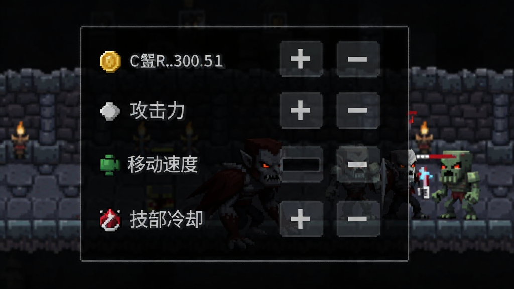 游戏内MOD菜单界面截图风格,半透明黑色面板悬浮在像素地牢画面上方,面板中排列着金币数量、攻击力、移动速度、技能冷却等选项,每个选项旁有加号与减号按钮,背景隐约可见吸血鬼爬行者角色与怪物战斗,整体UI风格简洁科技感,画质清晰文字锐利