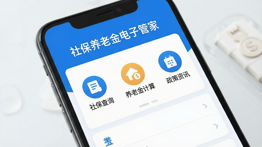 一张手机屏幕展示社保养老金电子管家应用主界面,界面采用蓝色和白色为主色调,顶部显示“社保养老金电子管家”文字,中间有社保查询、养老金计算、政策资讯等功能图标,背景干净简洁,整体风格清新商务,画质清晰,无多余元素