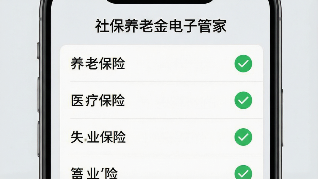 手机应用界面截图,画面中央展示社保缴费明细列表,包含养老保险、医疗保险、失业保险等条目,每条记录右侧有绿色对勾标记,背景为浅灰色,顶部标题“社保养老金电子管家”清晰可见,整体布局整洁,风格简约商务,画质高清