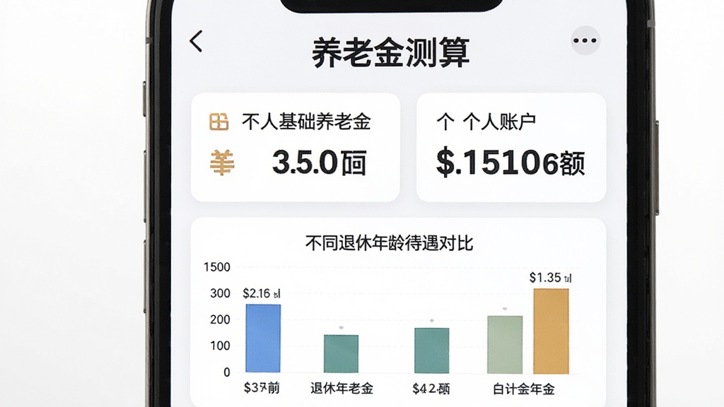 手机屏幕显示养老金测算结果页面,上方有“养老金测算”标题,中间以卡片形式展示基础养老金、个人账户养老金和合计金额,数字醒目,下方有柱状图对比不同退休年龄的待遇差异,背景为白色,界面风格清爽专业,画质清晰