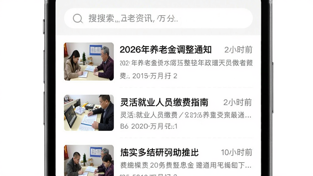 手机应用资讯页面,列表展示多条社保政策新闻标题,如“2026年养老金调整通知”“灵活就业人员缴费指南”等,每条新闻左侧有缩略图,右侧显示发布时间,顶部搜索栏可输入关键词,界面干净整洁,风格资讯类APP常见布局,画质清晰