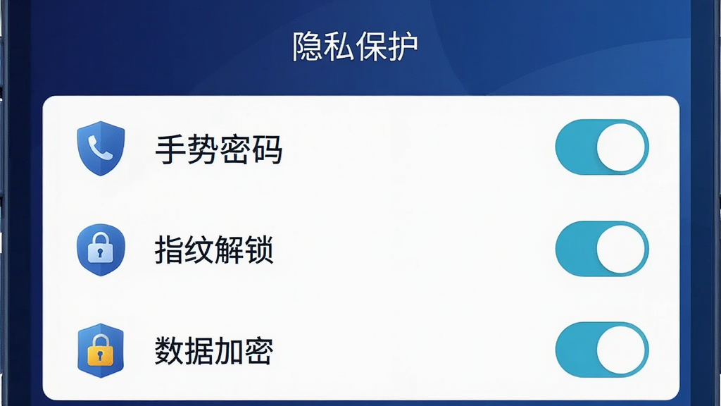 手机安全设置界面,显示“隐私保护”标题,下方有手势密码、指纹解锁、数据加密等选项开关,背景为深蓝色渐变,图标采用盾牌和锁形设计,整体风格安全可靠,画质清晰,无多余装饰元素