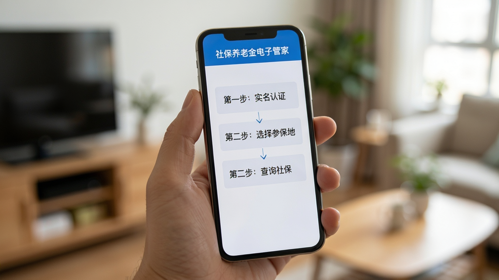 手机屏幕显示社保养老金电子管家使用教程页面,画面中有一只手拿着手机,屏幕内展示步骤指引“第一步:实名认证”“第二步:选择参保地”“第三步:查询社保”,背景为模糊的室内环境,风格生活化,画质清晰,无杂乱元素