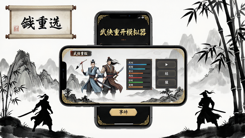 画面中央放置一部智能手机,手机屏幕显示“武侠重开模拟器”游戏界面,界面中有武侠人物立绘、属性面板和事件选择按钮,手机周围环绕水墨风格的山水、竹林、剑客剪影等武侠元素,整体采用国风水墨与扁平UI结合的排版风格,细节包括卷轴、毛笔字标题、金色边框点缀,画质高清,画面干净,无多余元素