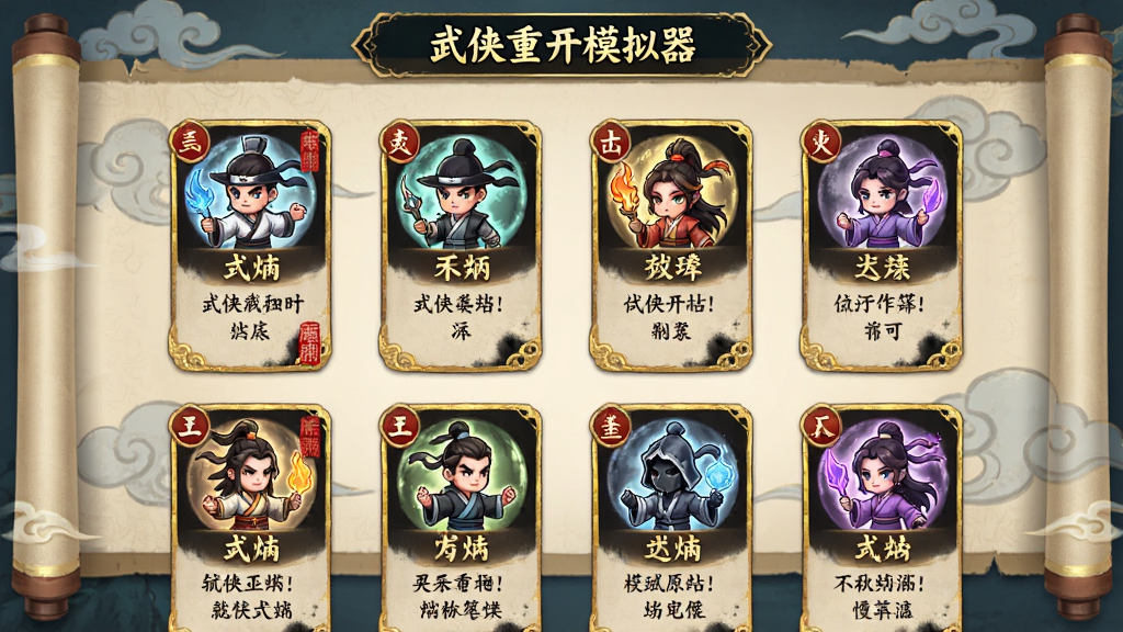 画面展示“武侠重开模拟器”游戏内的天赋抽取界面,屏幕中排列多张卡牌式天赋选项,每张卡牌上有不同武侠图标和文字描述,背景为古风卷轴与云纹,布局为竖版手机屏幕适配,风格为国风Q版卡牌设计,细节包括金色描边、红色印章、水墨晕染效果,画质清晰,画面干净,无多余元素