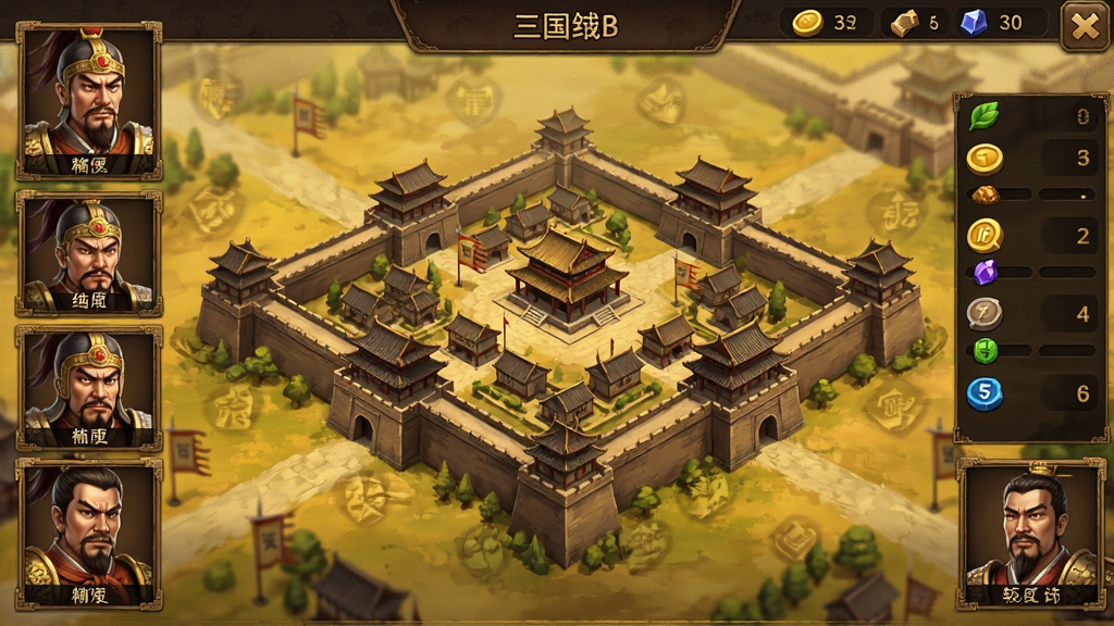 一款以三国为背景的策略手游主界面截图,画面中央是古代城池俯瞰图,四周分布着武将头像与资源图标,整体风格为复古写实,色调偏暖黄与深棕,布局清晰,画质干净,无多余元素
