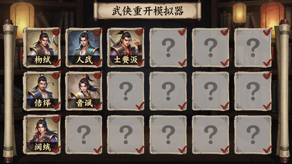 画面为“武侠重开模拟器”的结局收集界面,屏幕上以格子形式展示多个已解锁和未解锁的结局图标,已解锁的显示彩色武侠人物小像和称号文字,未解锁的显示灰色问号,背景为古风书架与灯笼,布局为竖版手机界面,风格为国风收集图鉴设计,细节包括卷轴边框、朱砂红勾选标记,画质高清,画面干净,无多余元素