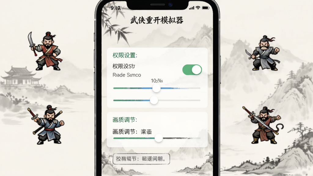 画面展示“武侠重开模拟器”在手机上的安装与运行设置界面,手机屏幕显示权限设置与画质调节选项,旁边有武侠风格的小图标点缀,布局为竖版手机截图风格,背景为淡雅水墨色,细节包括开关按钮、滑块、提示文字框,风格简洁明快,画质清晰,画面干净,无多余元素