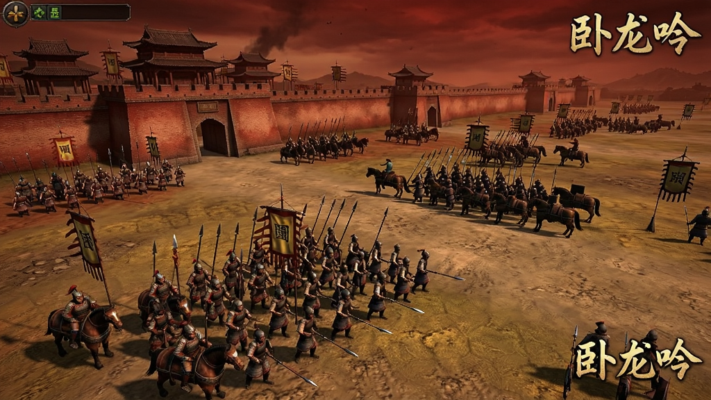 三国题材策略游戏国战场景截图,画面中展示多支军队在城池外对峙,包含