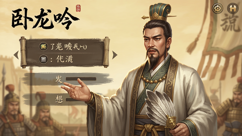 手机游戏新手引导界面截图,画面中展示一位三国谋士形象正在讲解操作步骤,包含