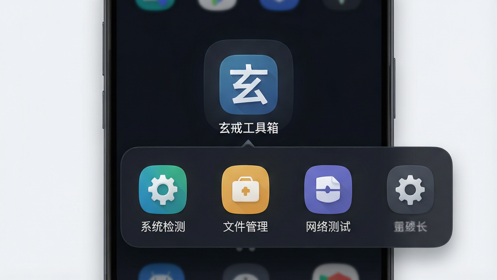 一张展示安卓手机主界面的场景图,画面中央是“玄戒工具箱”应用图标与展开的功能面板,包含系统检测、文件管理、网络测试等模块图标,布局为上下分层结构,风格为现代简约科技风,细节包含圆角图标、深色背景、柔和光影,画质清晰干净,无多余元素