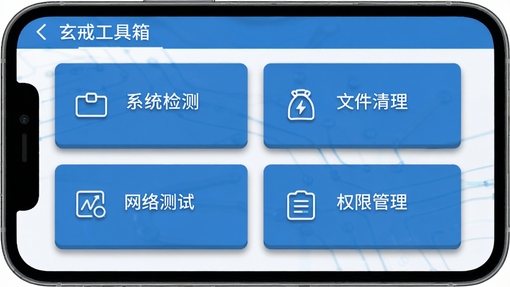 一幅展示“玄戒工具箱”功能集成界面的图片,主体为手机屏幕,屏幕内排列系统检测、文件清理、网络测试、权限管理四个功能卡片,布局为两行两列,风格为扁平化科技蓝,细节包含卡片阴影、图标线条简洁,画质高清干净,无多余元素