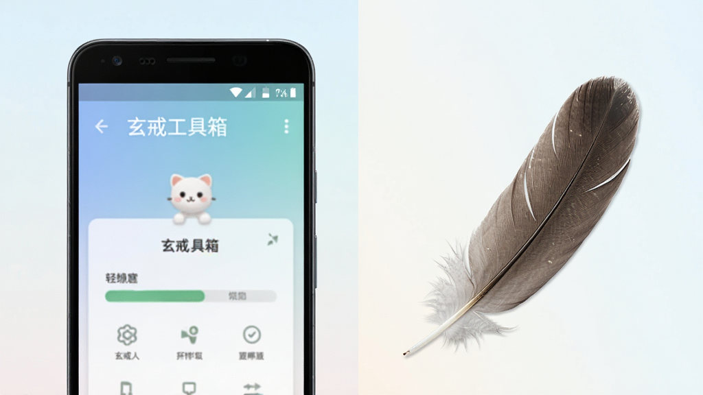 一张表现“玄戒工具箱”轻量运行概念的图片,主体为一部安卓手机与一片羽毛并排,手机屏幕上显示玄戒工具箱的运行状态界面,布局为左右对比,风格为清新简约,细节包含浅色背景、柔和渐变,画质清晰干净,无多余元素