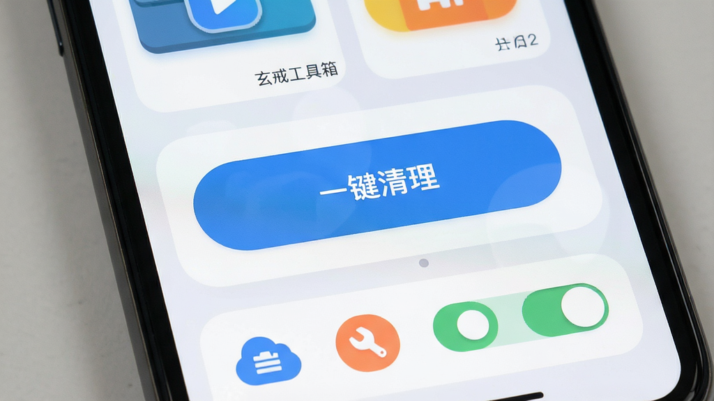一张展示“玄戒工具箱”简洁操作界面的图片,主体为手机屏幕,屏幕内显示一键清理按钮和几个快捷开关,布局为居中大按钮加底部小图标,风格为圆角卡片式,细节包含浅灰背景、彩色按钮,画质清晰干净,无多余元素