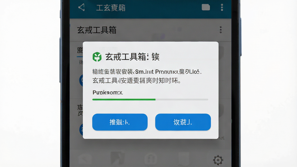 一张展示安卓手机安装“玄戒工具箱”过程的场景图,主体为手机屏幕上的安装确认弹窗,布局为居中对话框加底部按钮,风格为扁平化系统界面,细节包含权限提示文字、安装进度条,画质清晰干净,无多余元素