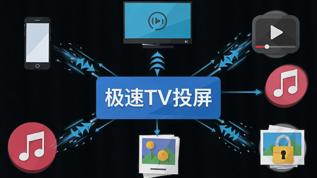 一张展示极速TV投屏核心功能的示意图,画面以极速TV投屏软件名称为核心,周围环绕着手机、电视、视频播放图标、音乐符号、照片图标和加密锁图标,布局呈放射状排列,风格扁平化设计,细节包括清晰的连接线条和动态传输效果,画质干净,无多余元素