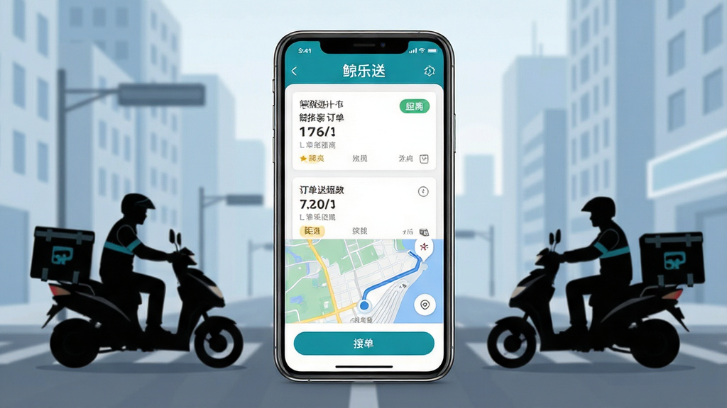 一张展示鲸乐送骑手端手机应用界面的图片,画面中央是一部竖屏智能手机,屏幕显示订单列表与地图导航区域,顶部有“鲸乐送”文字标识,背景为城市街道与配送骑手剪影,布局简洁清晰,风格为现代扁平化UI设计,细节包括订单卡片、距离标签、接单按钮,画质高清干净无多余元素