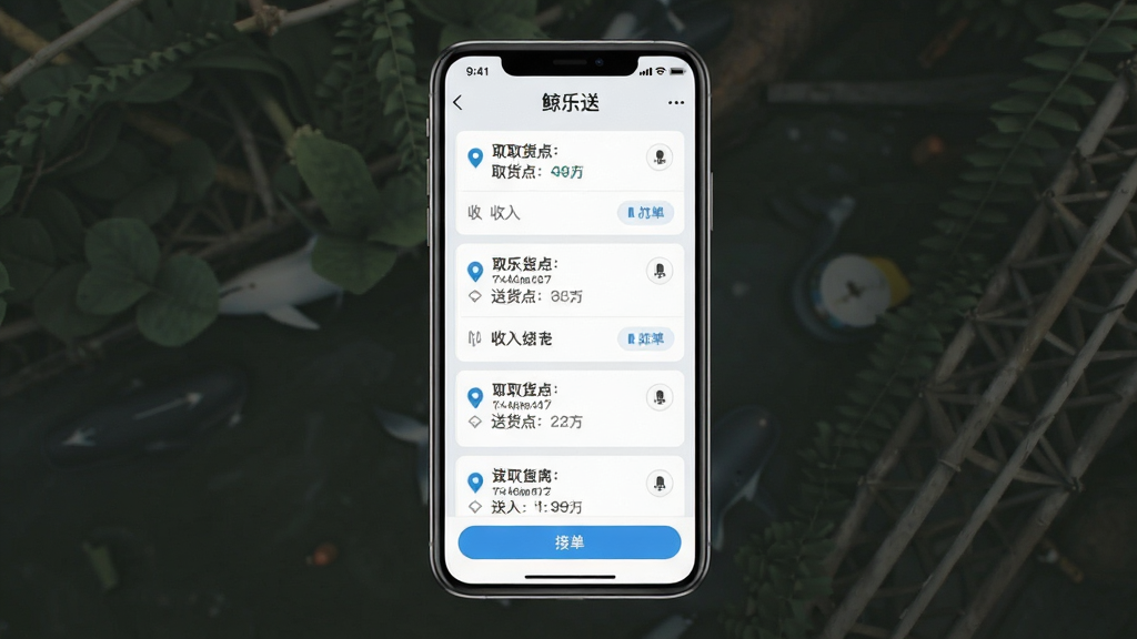 鲸乐送手机应用展示订单推送列表的界面截图风格图片,画面主体为手机屏幕,屏幕上排列多个订单卡片,每张卡片标注取货点与送货点距离,顶部显示“鲸乐送”应用名称,布局为纵向列表排版,风格为清爽浅色系移动端UI,细节包括定位图标、收入数字、接单按钮,画质高清干净无多余元素