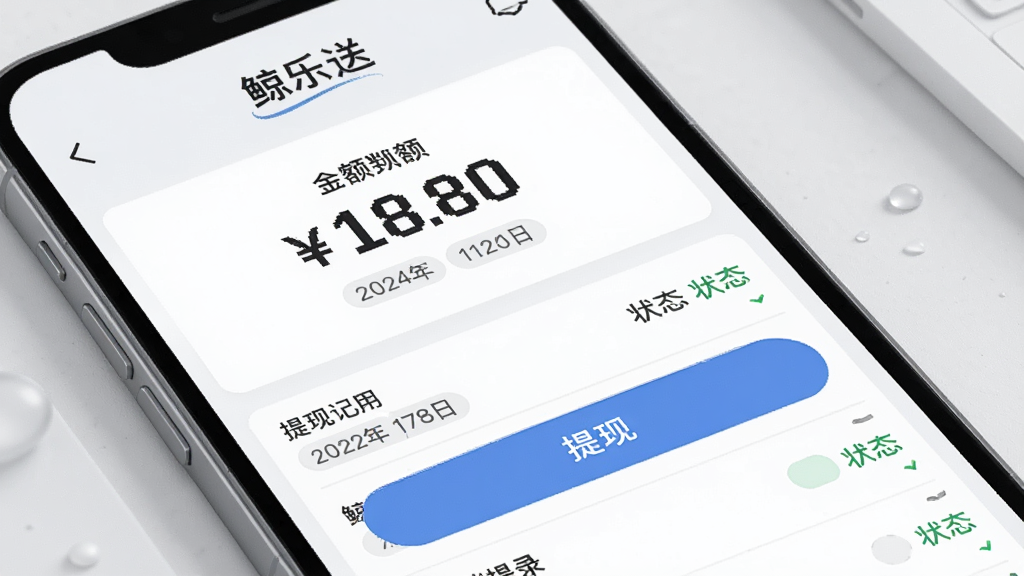 鲸乐送应用内收益提现页面示意图,画面主体为手机屏幕显示收益明细与提现按钮,屏幕上方有“鲸乐送”文字,布局为上下结构,上方为金额数字,下方为提现记录列表,风格为简约商务浅灰质感,细节包括金额符号、日期标签、状态标识,画质高清干净无多余元素