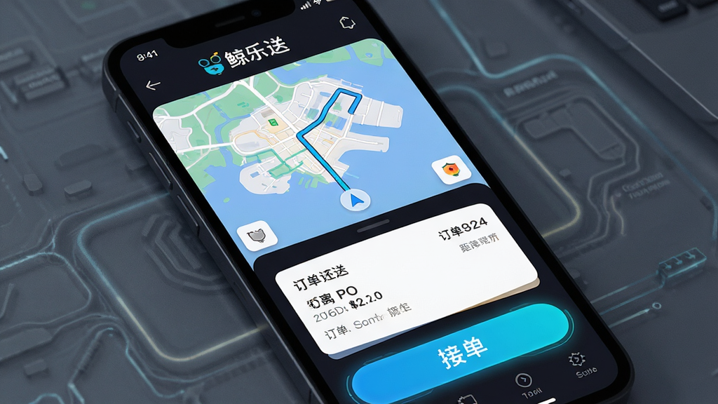 鲸乐送骑手端操作界面展示图,画面主体为手机屏幕显示地图导航与订单详情,屏幕上方有“鲸乐送”文字,布局为上半部分地图、下半部分订单信息卡片,风格为现代科技感深色模式,细节包括路线线条、距离数字、接单按钮,画质高清干净无多余元素