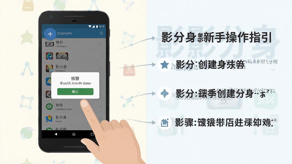 影分身新手操作指引图,主体是一部安卓手机和一只手点击屏幕,屏幕上显示影分身创建分身的步骤界面,布局为左右分栏左侧手机右侧步骤文字说明,排版清晰,风格为扁平化教程插画风,细节包括手机屏幕上的加号按钮、应用列表、确认弹窗,画质高清干净,无多余元素