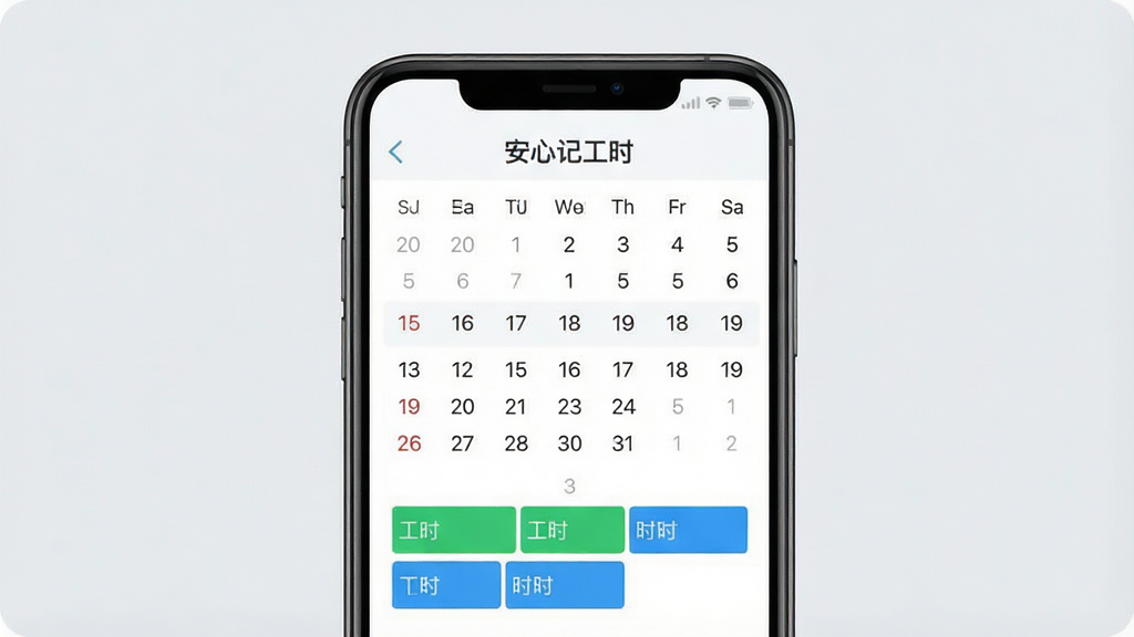 一张展示安心记工时软件主界面的手机屏幕截图,画面中央是简洁的日历视图,日期下方标注着绿色和蓝色的工时色块,屏幕顶部显示“安心记工时”文字标识,背景为柔和的浅灰色,整体风格干净清爽,画质清晰,无多余元素