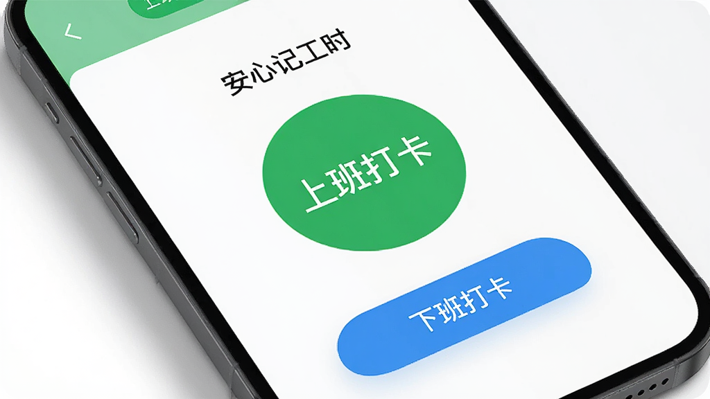 一部手机屏幕特写,画面中显示“安心记工时”的打卡按钮界面,一个大圆形绿色按钮写着“上班打卡”,下方有蓝色“下班打卡”按钮,屏幕背景为白色,周围有淡淡的阴影,风格简约现代,画质清晰干净
