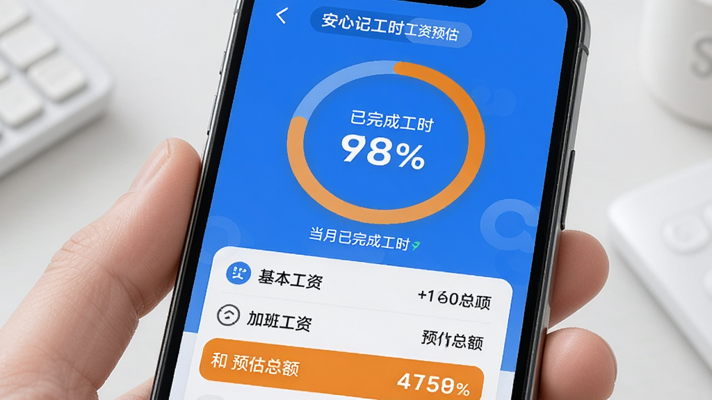 一部手机显示安心记工时的工资预估界面,画面中央是一个圆形进度条,显示当月已完成工时百分比,下方列出基本工资、加班工资和预估总额,配色以蓝色和橙色为主,风格清新明快,画质干净无杂物