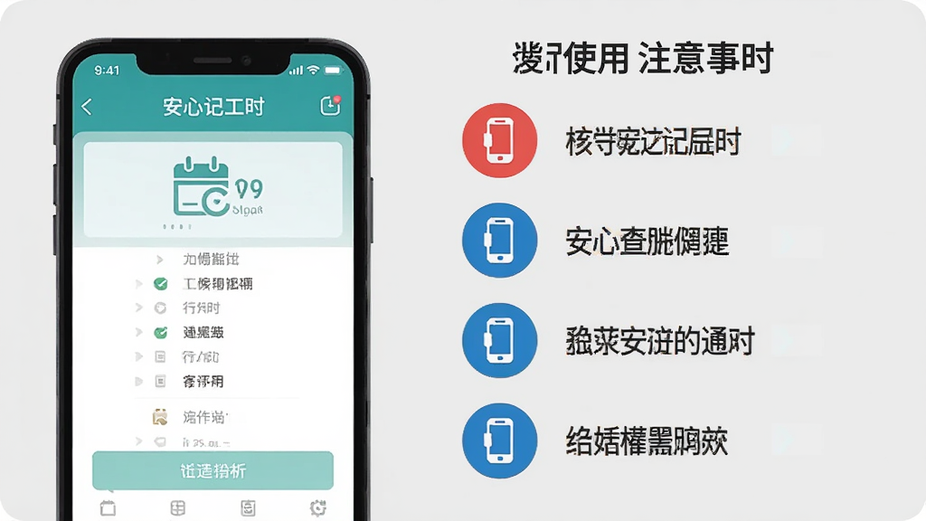 一张信息图风格的插图,画面左侧是一部手机展示安心记工时的打卡界面,右侧列出四条使用注意事项,分别用红色和蓝色图标标注,背景为浅灰色,整体排版清晰,风格扁平化,画质干净整洁