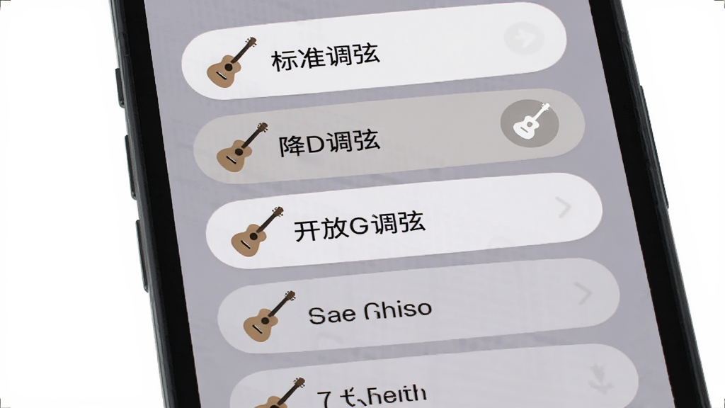 吉他调音和弦器多模式调弦界面展示,主体为手机屏幕显示调弦模式选择菜单,菜单项包括标准调弦、降D调弦、开放G调弦等选项,布局为垂直列表形式,风格为柔和圆角设计,细节包含每个选项旁的吉他图标和选中高亮效果,画质清晰干净,无多余元素