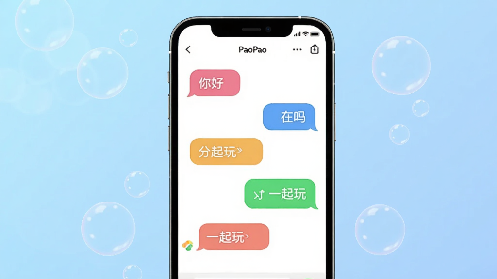 画面中央是一部智能手机,屏幕上显示着PaoPao应用的聊天界面,界面中有五颜六色的气泡对话框,气泡里写着你好、在吗、一起玩等文字,背景是柔和的渐变蓝色,周围漂浮着半透明的圆形泡泡装饰,整体风格清新活泼,扁平化设计,画质干净清晰,无多余元素
