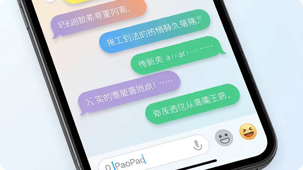 手机屏幕特写,展示PaoPao的气泡聊天界面,不同颜色的气泡对话框错落排列,每个气泡带有轻微阴影和圆角,气泡内显示文字消息,背景为浅色渐变,屏幕下方有输入框和表情按钮,整体风格简洁明快,UI设计精致,画质高清,无杂乱元素