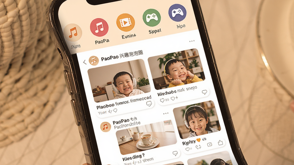 手机屏幕展示PaoPao的兴趣泡泡圈页面,顶部有音乐、电影、游戏等圆形图标入口,下方是瀑布流式的帖子列表,每条帖子配有图片和文字,界面色调温暖,布局清晰,风格社交化,画质细腻,干净整洁