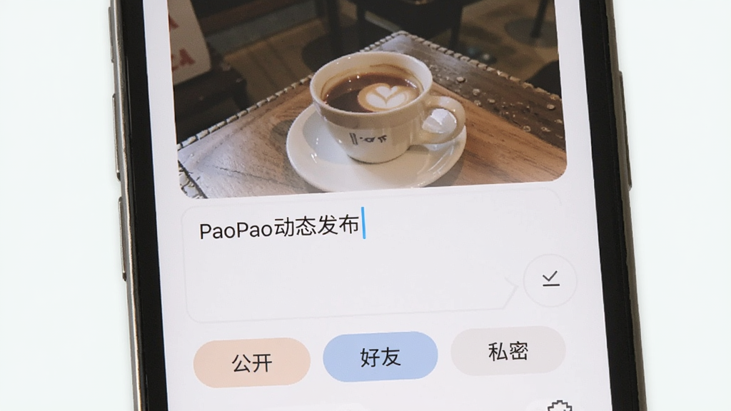 手机屏幕展示PaoPao动态发布页面,上方是图片和文字输入区域,下方有可见范围选项按钮,包括公开、好友、私密等标签,界面简洁,配色柔和,风格现代,画质干净,无多余元素