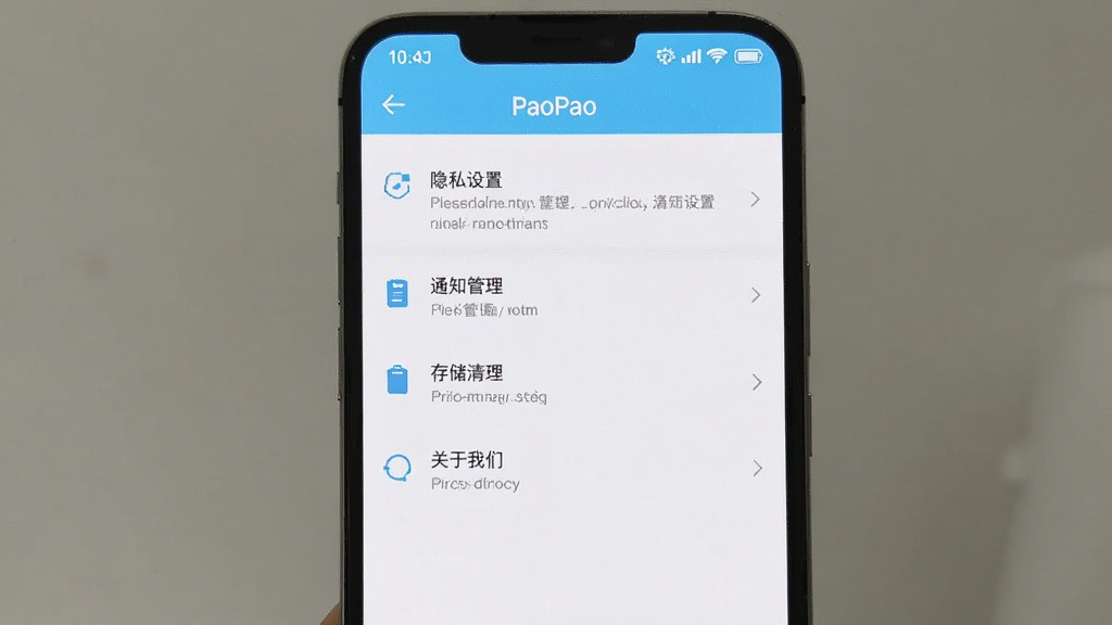 手机屏幕显示PaoPao的设置页面,列表中包含隐私设置、通知管理、存储清理、关于我们等选项,界面干净整洁,配色以白色和浅蓝色为主,风格简约,画质清晰,无多余元素
