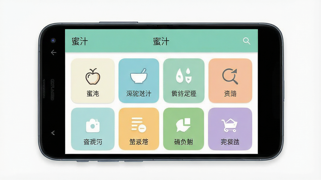 一张展示手机应用界面布局的图片,主体是一部安卓手机,屏幕内显示“蜜汁”应用的菜单页面,布局分为上下结构,上方为标题栏,下方为网格排列的功能入口。排版整齐,风格为清新浅色系UI设计图,细节包括图标线条、文字标签、背景色块。画质高清、干净、无多余元素。