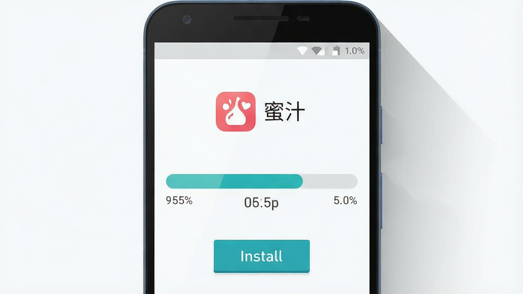 一张表现手机应用安装过程的图片,主体是一部安卓手机屏幕显示安装进度条,进度条上方有“蜜汁”应用图标和名称,布局为手机居中、进度条横向贯穿屏幕中部。排版简洁,风格为科技感扁平插画,细节包括安装按钮、百分比数字、手机阴影。画质高清、干净、无多余元素。