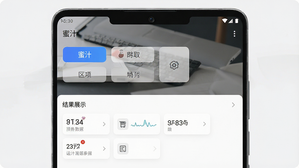 一张表现手机应用功能操作的图片,主体是一部安卓手机,屏幕内显示“蜜汁”应用的功能操作界面,布局为上下分区,上方为操作按钮,下方为结果展示区。排版清晰,风格为简约商务风,细节包括按钮高亮状态、数据展示框、背景留白。画质高清、干净、无多余元素。