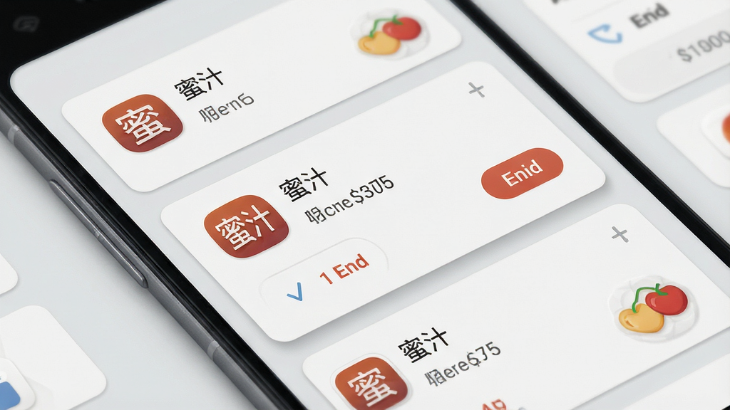 一张展示手机后台管理界面的图片,主体是一部安卓手机,屏幕内显示“蜜汁”应用在后台运行的状态卡片,布局为卡片式排列,卡片内包含应用图标和名称。排版简洁,风格为浅灰质感UI图,细节包括内存占用数值、结束按钮、卡片阴影。画质高清、干净、无多余元素。
