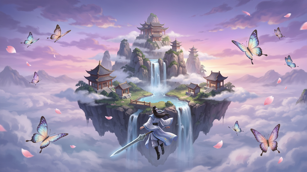 梦镜仙缘游戏主界面全景展示,画面中央悬浮着一座云雾缭绕的仙山,山间有亭台楼阁与飞瀑流泉,远处天空呈现梦幻的紫粉色晚霞,近处有一位身着飘逸汉服的角色御剑飞行,画面四周点缀着灵蝶与花瓣,整体风格为国风仙侠唯美写实,构图采用中心对称布局,画质高清细腻,色彩柔和干净,画面中不出现任何文字与多余元素