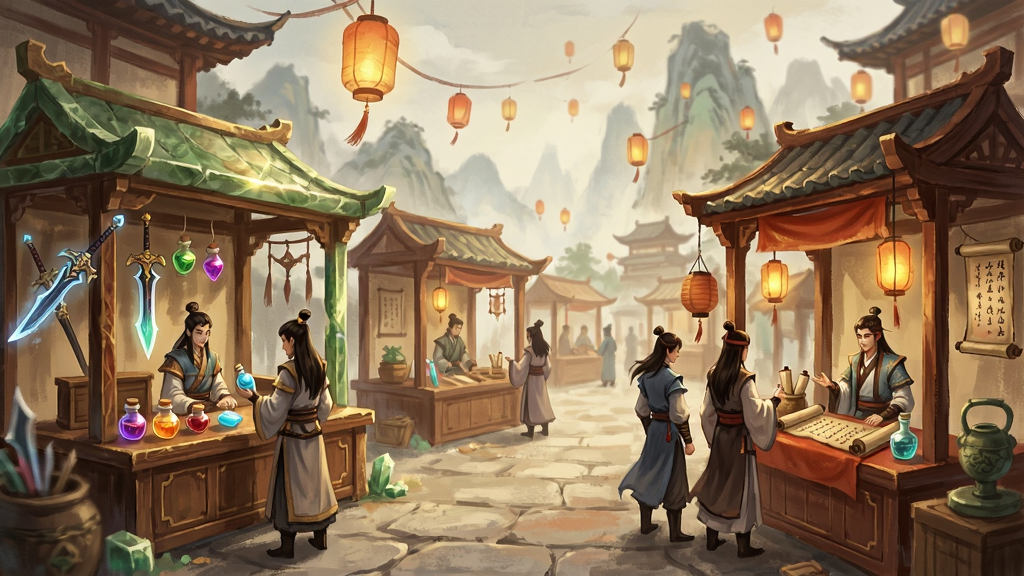 梦镜仙缘游戏内交易市场场景,画面展示一个古色古香的仙侠风格集市,摊位由玉石与檀木搭建,摊位上摆放着发光的武器、丹药瓶与卷轴,几位不同门派的角色正在摊位前挑选物品,背景有悬浮的灯笼与远山,风格为国风工笔画质感,色彩以暖金与朱红为主,画质精致干净,画面中不出现任何文字