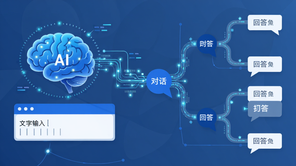 AIagent智能对话语义理解功能展示,主体为AI大脑与对话气泡连接示意图,布局为左右结构,左侧为文字输入框,右侧为多分支回答路径,排版简洁,风格为扁平化科技插画,细节包含数据流线条与光点,画质清晰,干净,无多余元素