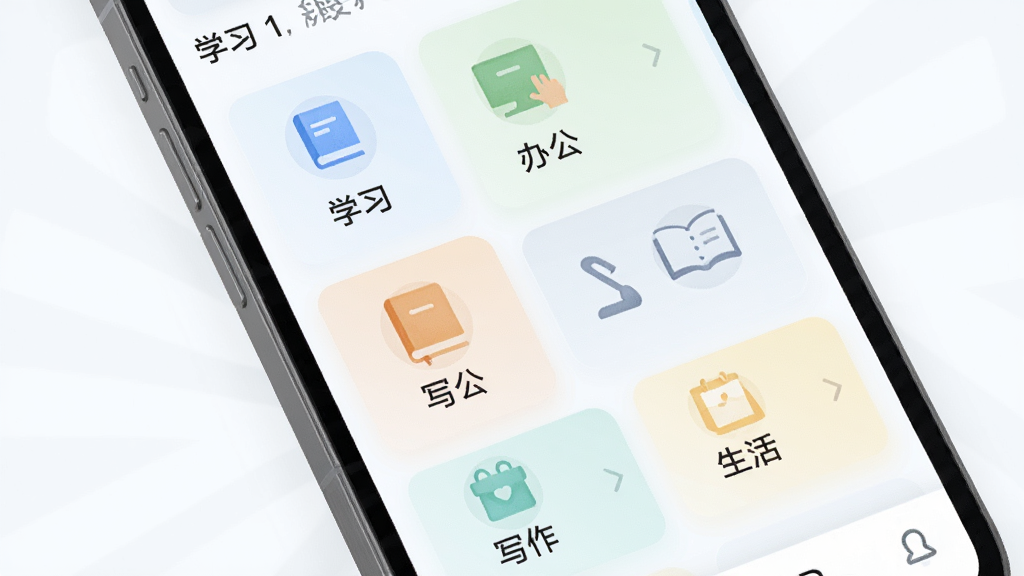 AIagent智能对话多场景模式界面,主体为手机屏幕显示多个场景卡片,布局为网格排列,排版整齐,风格为清新浅色系UI,细节包含学习、办公、写作、生活等图标与文字标签,画质高清,干净,无多余元素