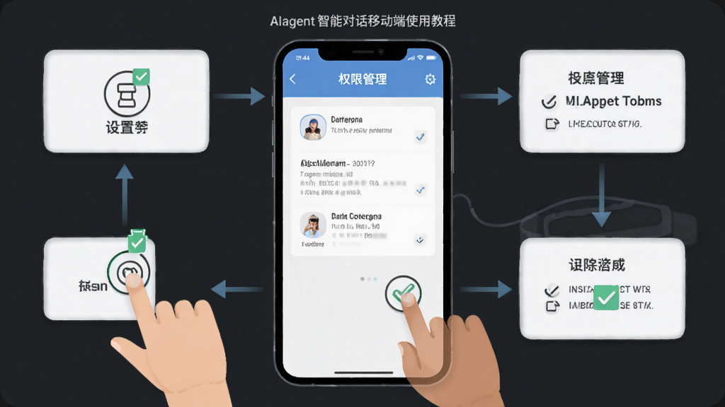 AIagent智能对话移动端使用教程示意图,主体为手机屏幕显示设置与权限管理界面,布局为多步骤流程图,排版清晰,风格为扁平化教学插画,细节包含手指点击图标与勾选标记,画质高清,干净,无多余元素