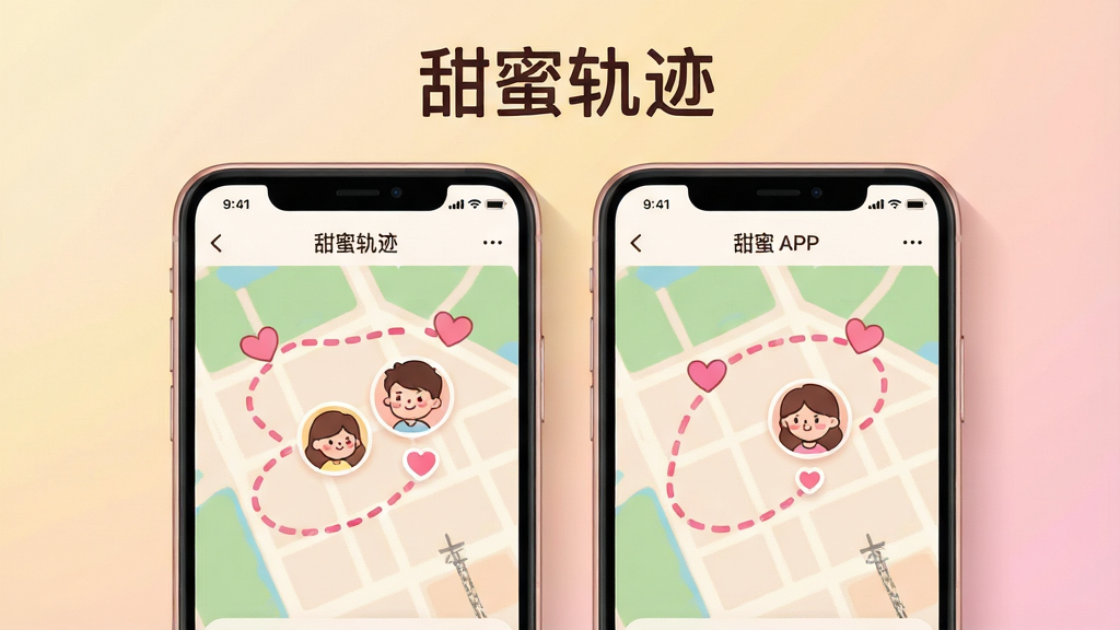 一张温馨浪漫的情侣手机界面展示图,画面中央是两部并排的智能手机,屏幕显示甜蜜轨迹APP的地图定位界面,地图上有两个可爱的卡通头像标记代表情侣位置,周围环绕粉色爱心和轨迹线条,布局采用左右对称构图,排版简洁清晰,风格为温馨治愈系扁平插画,细节包含柔和渐变背景、细腻的阴影处理、手机边缘圆润光泽,画质高清,干净无多余元素,图片上方文字标注“甜蜜轨迹”