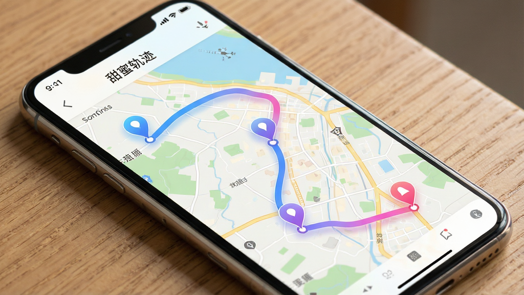 一张展示甜蜜轨迹历史轨迹功能的手机界面图,主体是一部智能手机斜放在木质桌面上,屏幕显示地图上一条由蓝色渐变到粉色的轨迹线条连接多个地点标记,布局采用对角线构图,排版突出屏幕内容,风格为现代科技感与温馨感结合的UI展示,细节包含地图底纹清晰、轨迹线条流畅、地点图标精致、手机边框金属质感,画质超清,干净无多余元素,屏幕内文字“甜蜜轨迹”