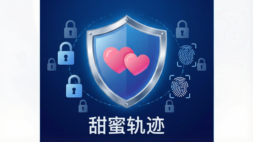 一张体现甜蜜轨迹隐私安全保护概念的插画,画面中心是一个发光的盾牌图标,盾牌内部有两颗相连的爱心,周围环绕数据加密锁和指纹识别元素,布局为居中对称式构图,排版干净利落,风格为扁平化科技插画,细节包含盾牌金属光泽、爱心渐变粉色、锁具图标简洁、背景深蓝渐变,画质高清,干净无多余元素,盾牌下方文字“甜蜜轨迹”