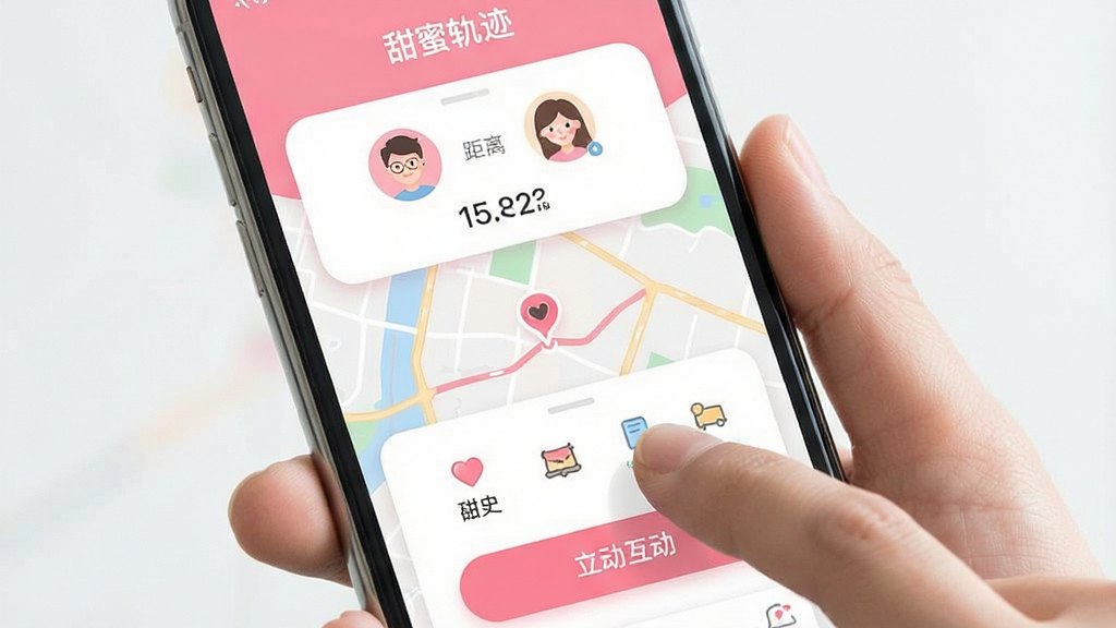 一张展示甜蜜轨迹移动端操作界面的示意图,主体是手持智能手机的特写,屏幕显示情侣绑定成功后的地图主页,上方有双方头像和距离数值,下方有历史轨迹和互动按钮,布局采用竖版手机屏幕比例,排版突出功能图标,风格为清新简约的UI展示风格,细节包含手指点击屏幕的动作、界面圆角卡片设计、粉色与白色主色调、图标线条细腻,画质高清,干净无多余元素,屏幕内文字“甜蜜轨迹”
