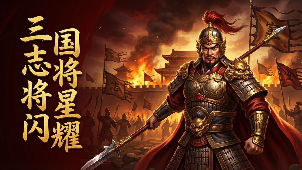 一张以三国时代为背景的手机游戏宣传图,画面中央是身穿铠甲的威武武将手持长枪,身后是燃烧的城池与飘扬的战旗,画面左侧竖排书写金色大字“三国志将星闪耀”,整体采用暗红与金色为主的史诗风格,构图饱满,光影层次分明,细节精致,画质高清,干净无多余元素