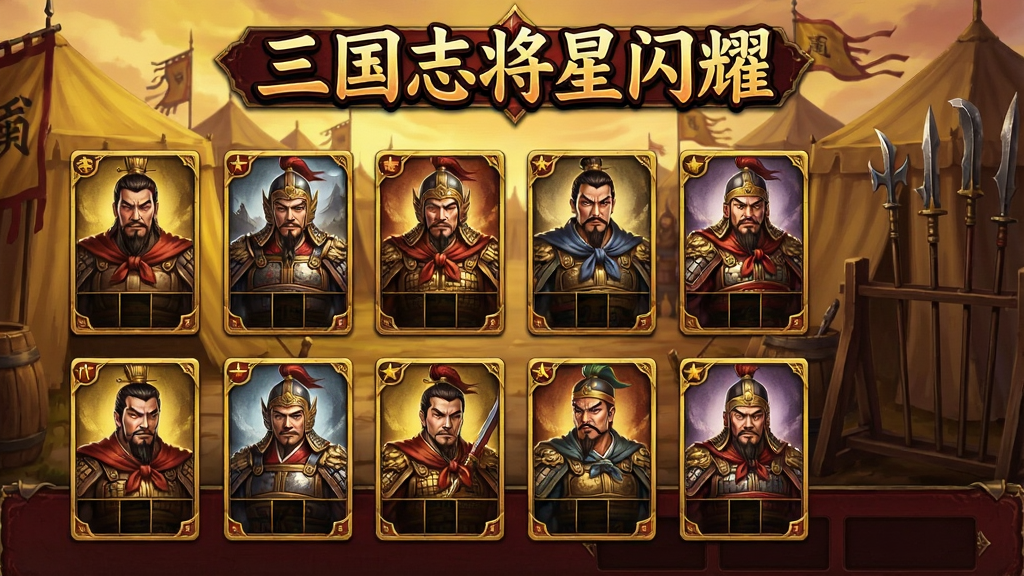 一张展示三国武将卡牌收集界面的游戏截图风格图片,画面中排列着多张精美的武将卡牌,卡牌上分别绘制着不同风格的三国人物,背景是古代军营帐篷与兵器架,画面上方有“三国志将星闪耀”的游戏标题,整体色调以暖黄与暗红为主,排版整齐,细节丰富,画质清晰,无多余元素